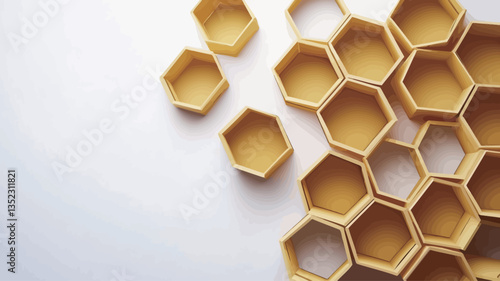 High-angle, close-up view of a collection of pale yellow, three-dimensional hexagonal shapes arranged in a honeycomb pattern against a white background.  The hexagons are not perfectly aligned,