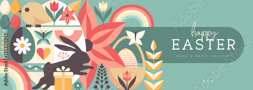 Holiday flat Easter poster or banner with rabbit, Easter eggs, willow branch and flowers. Vector illustration