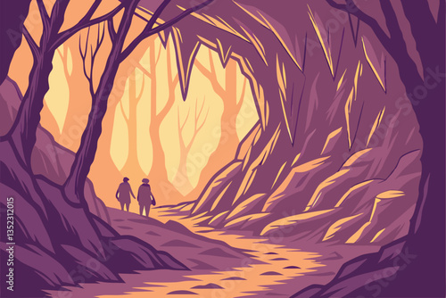 15 Fantasy cave interior, glowing crystals, colorful rock formations, vibrant orange and purple lighting, narrow winding path, shadowy figures, mystical atmosphere, dramatic stalactites and stalagmite