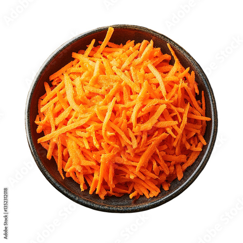 This close-up image captures a pile of finely grated carrots next to a metal grater, highlighting the texture and vivid color on a smooth white background.