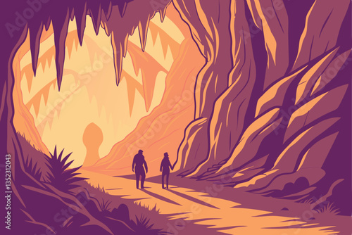 15 Fantasy cave interior, glowing crystals, colorful rock formations, vibrant orange and purple lighting, narrow winding path, shadowy figures, mystical atmosphere, dramatic stalactites and stalagmite