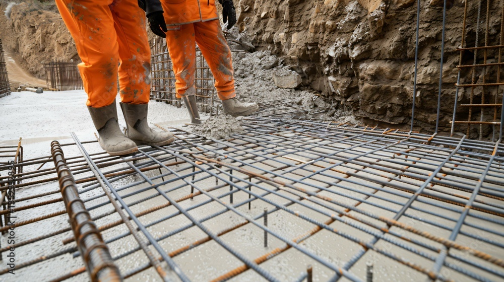 Heavy construction workers maneuvering cement into place over a dense rebar foundation. Heavy construction workers maneuvering cement into place over a dense rebar foundation.