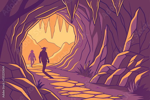 15 Fantasy cave interior, glowing crystals, colorful rock formations, vibrant orange and purple lighting, narrow winding path, shadowy figures, mystical atmosphere, dramatic stalactites and stalagmite