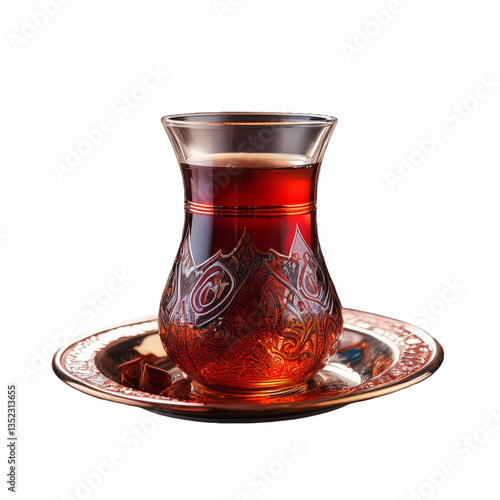 Turkish tea in porcelain plate and white background