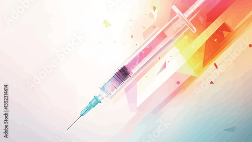 Close-up shot of a syringe filled with a multicolored liquid. The syringe is sharply in focus against a blurred, dynamic abstract background featuring splashes of pink, orange, yellow, and white.