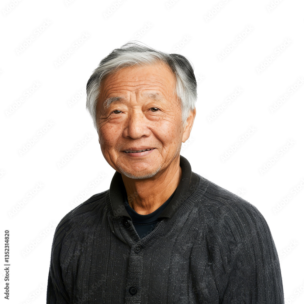 Senior man with gray hair smiling against a white background in casual attire Senior man with gray hair smiling against a white background in casual attire
