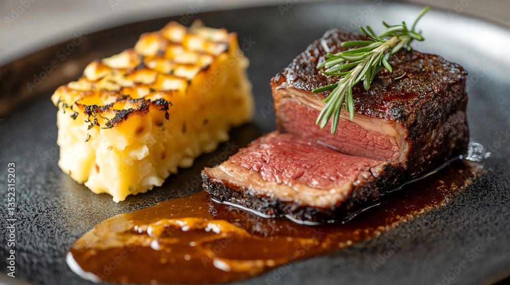 Smoked wagyu brisket plated with a side of potato gratin and fresh rosemary Michelin-star plating Smoked wagyu brisket plated with a side of potato gratin and fresh rosemary Michelin-star plating