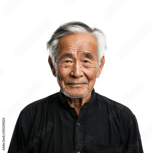 Elderly Asian Man with Reflective Expression Against a Solid Black Background