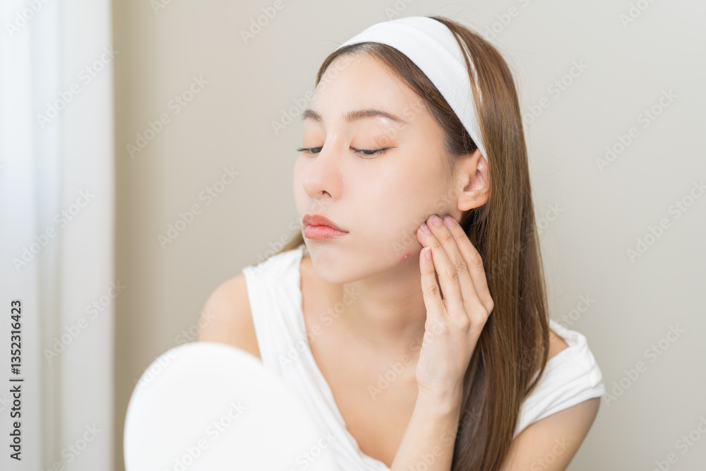 Expression worry asian young woman hand touching pustule around the chin and mouth, allergic when wear mask, makeup, show squeezing pimple spot from face. Beauty care, skin problem by acne treatment. Expression worry asian young woman hand touching pustule around the chin and mouth, allergic when wear mask, makeup, show squeezing pimple spot from face. Beauty care, skin problem by acne treatment.
