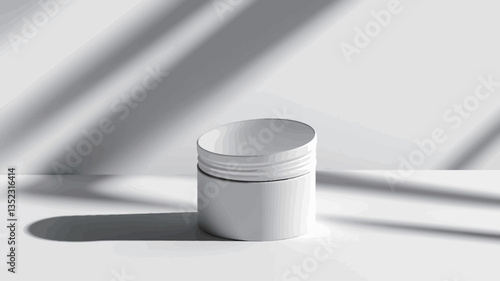 High-angle, close-up view of a white cylindrical container on a white surface. The container appears to be made of matte material.  Strong, diagonal shadows cast by an unseen light source are