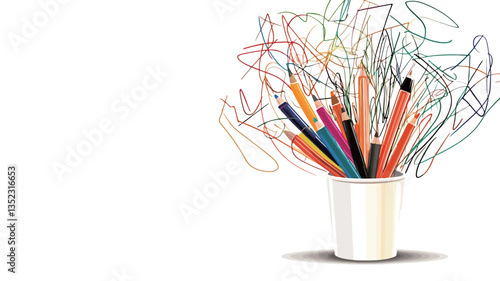 The image is a stylized illustration depicting a white cup filled with a variety of colored pencils.  The pencils are depicted realistically, while the background includes abstract colorful lines