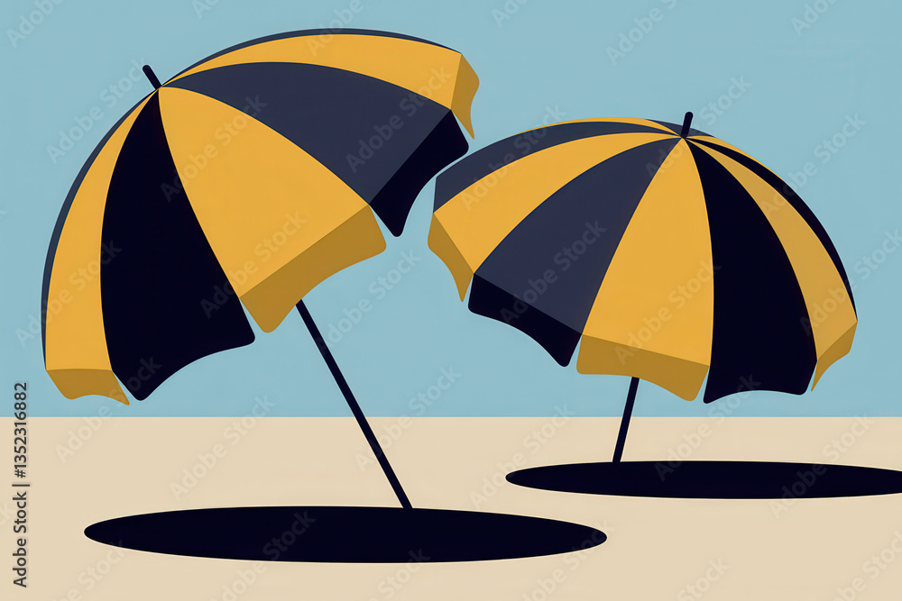 Stylized Beach Scene with Yellow and Black Sun Umbrellas Casting Shadows on Sandy Shore Stylized Beach Scene with Yellow and Black Sun Umbrellas Casting Shadows on Sandy Shore