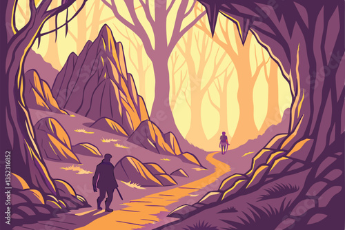15 Fantasy cave interior, glowing crystals, colorful rock formations, vibrant orange and purple lighting, narrow winding path, shadowy figures, mystical atmosphere, dramatic stalactites and stalagmite