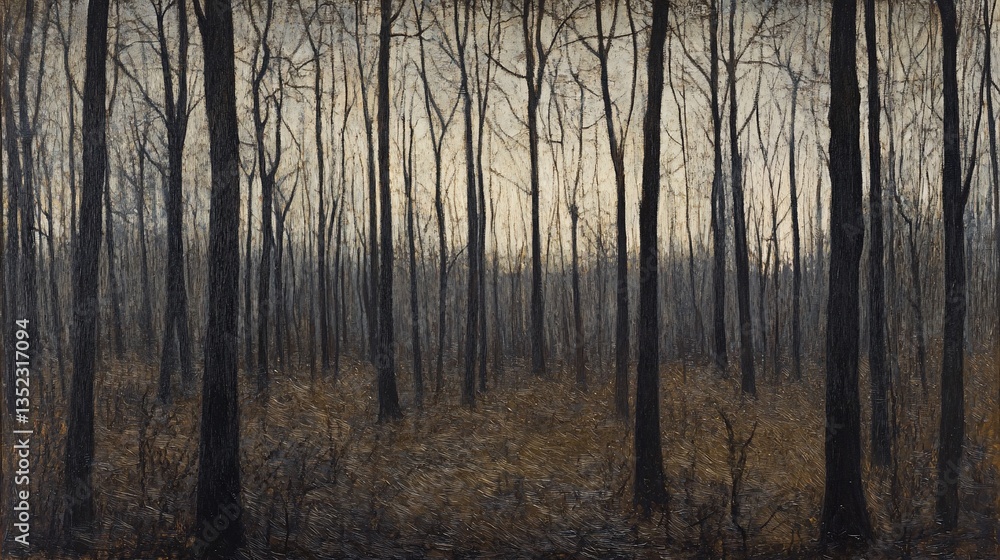 Eerie Forest Landscape with Bare Trees and Dense Undergrowth Artwork Eerie Forest Landscape with Bare Trees and Dense Undergrowth Artwork