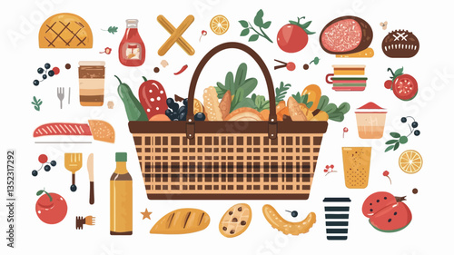 A digital illustration depicting a brown woven picnic basket overflowing with various food items including fruits, vegetables, bread, meat, and other picnic staples.  Surrounding the central basket