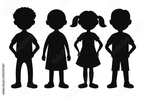 Diverse Kids Silhouette Four Children Stand Together, Boys & Girls, Black Figures