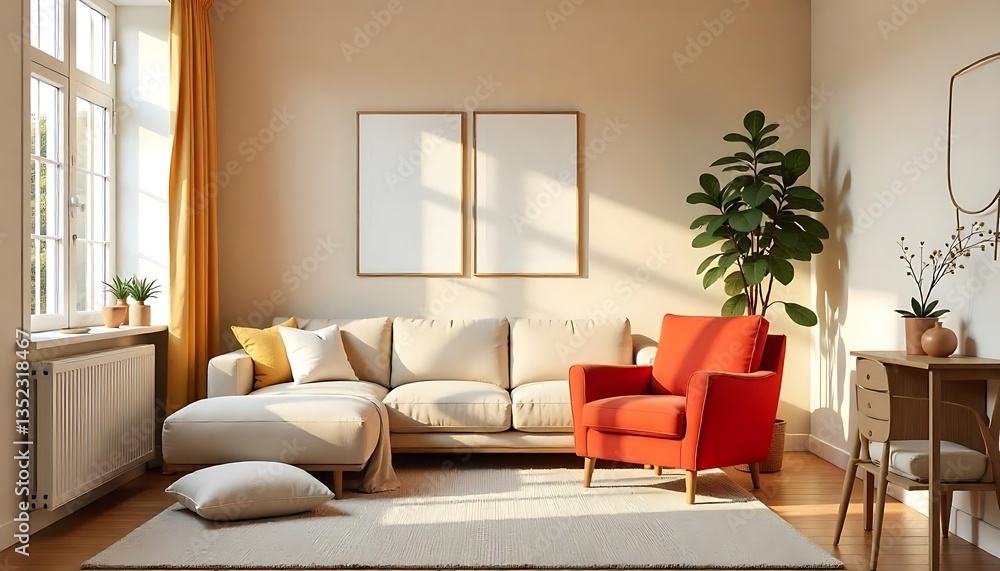 Fototapeta premium A modern and comfortable living room with natural sunlight entering