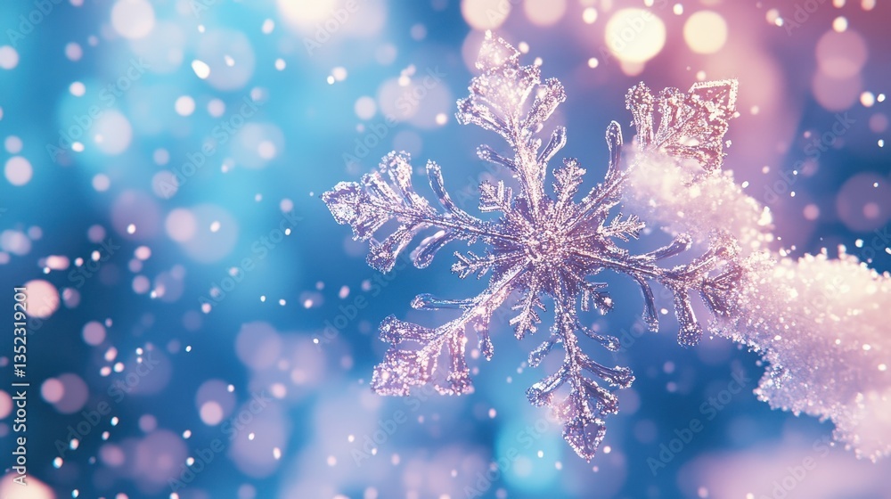 Fototapeta premium A beautiful detailed snowflake against a blue and pink background