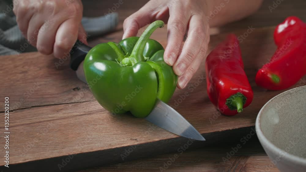 cook cut fresh green pepper on wooden kitchen board and removes the seeds. food closeup, process of making gazpacho soup cook cut fresh green pepper on wooden kitchen board and removes the seeds. food closeup, process of making gazpacho soup