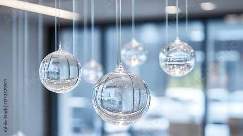 Crystal glass spheres hanging as modern interior decor.