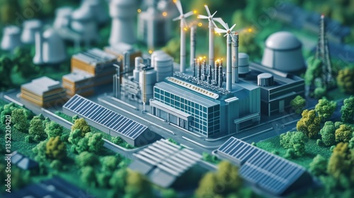 Aerial view of a detailed architectural scale model depicting an eco friendly industrial power plant featuring wind turbines and solar panels set in a lush