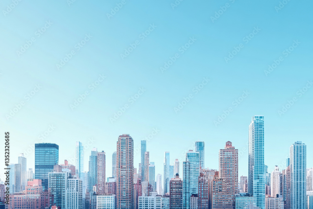 Fototapeta premium City skyline with tall buildings and skyscrapers against a clear blue sky, reflecting modern architecture and urban development.