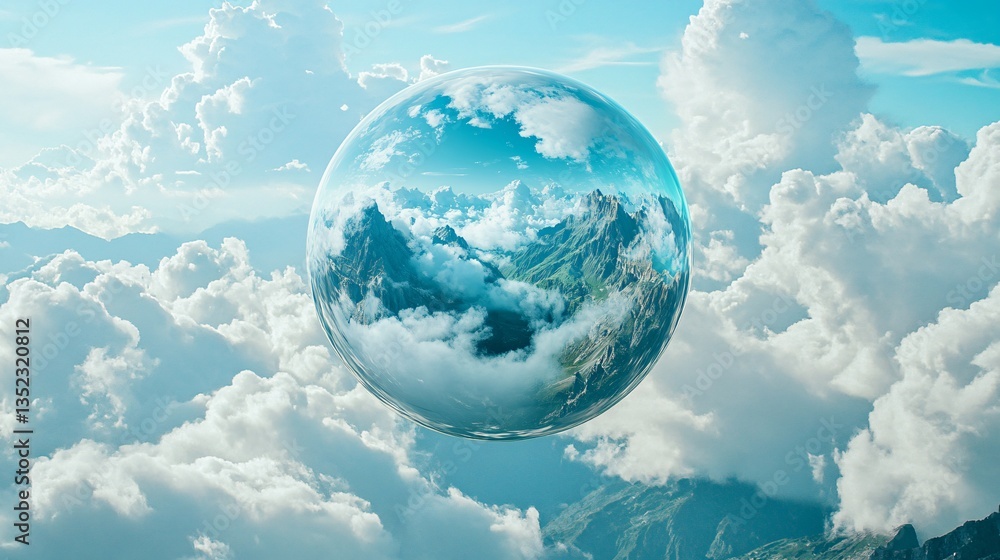 Naklejka premium Transparent crystal glass ball reflecting snow mountain and fluffy white clouds against bright clear blue sky, natural mountain landscape perspective and eco-friendly earth protection mindfulness life
