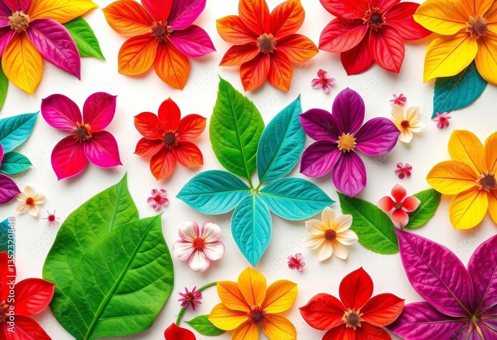 Fototapeta premium Vibrant floral pattern; abstract leaves, flowers, white background, spring, summer, summer, print