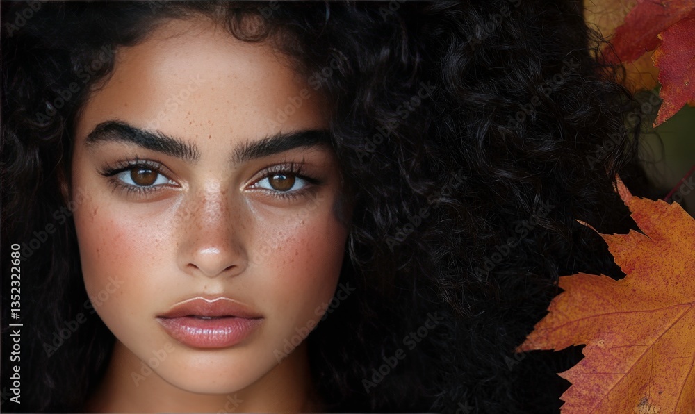 Stunning Portrait of a Young Woman with Beautiful Freckles and Curly Hair Framed by Autumn Leaves in Soft Natural Light Stunning Portrait of a Young Woman with Beautiful Freckles and Curly Hair Framed by Autumn Leaves in Soft Natural Light