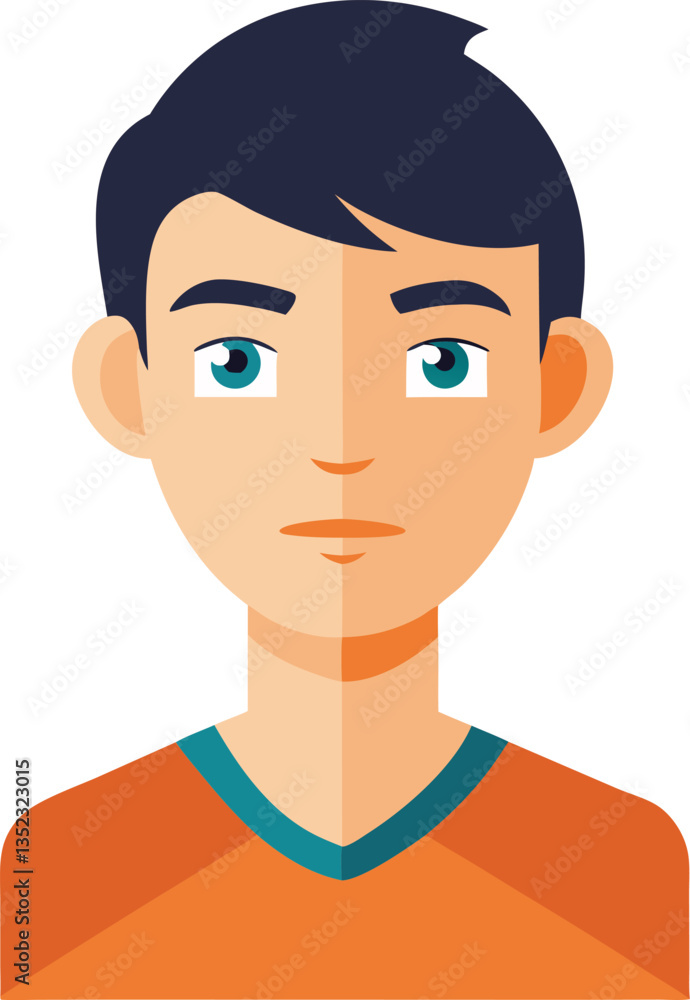 Flat Vector Avatar of Teen Boy with Blue Eyes, Illustration of a teen boy with blue eyes and dark hair in flat design style, perfect for digital profiles or user icons.
Flat Vector Avatar of Teen Boy with Blue Eyes, Illustration of a teen boy with blue eyes and dark hair in flat design style, perfect for digital profiles or user icons.