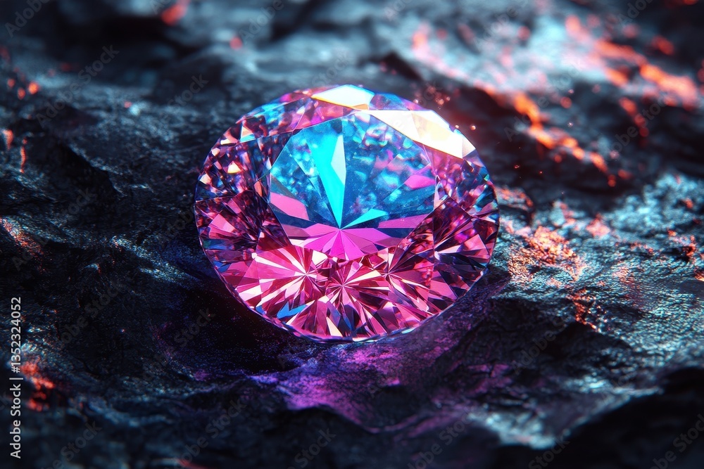 A brilliant gemstone rests on a dark textured rock surface A brilliant gemstone rests on a dark textured rock surface