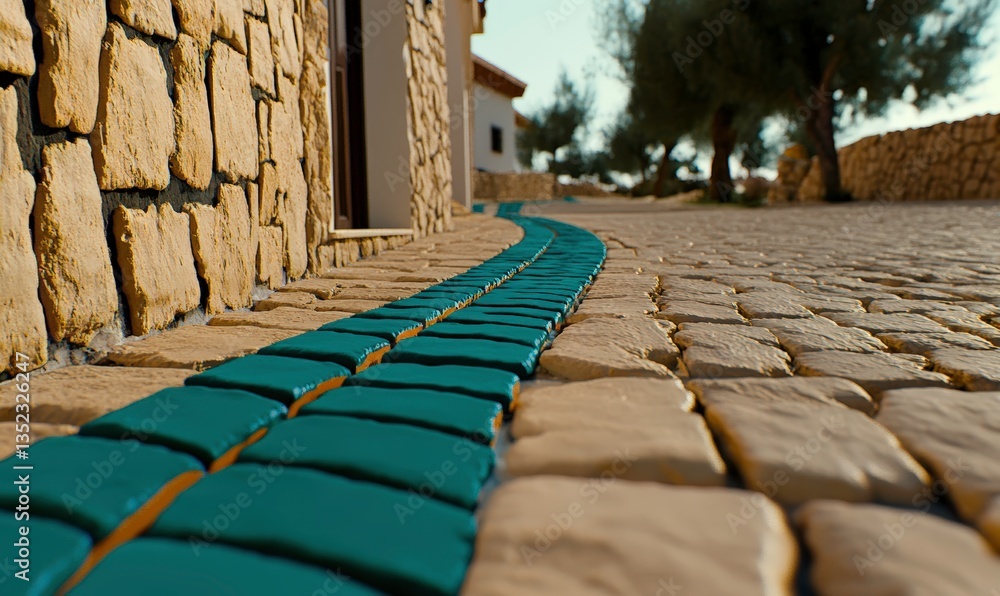 Obraz premium Vibrant Green Paint on Cobblestone Pathway Leading to Stone Building Surrounded by Olive Trees in a Serene Outdoor Setting
