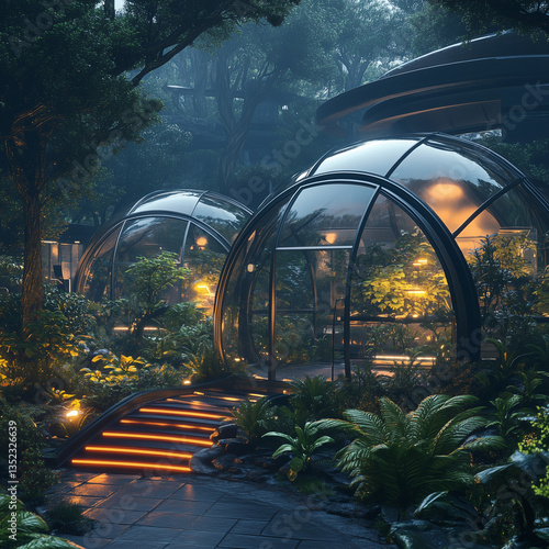 Obraz na płótnie Futuristic Eco-Domes in Lush Forest
w salonie