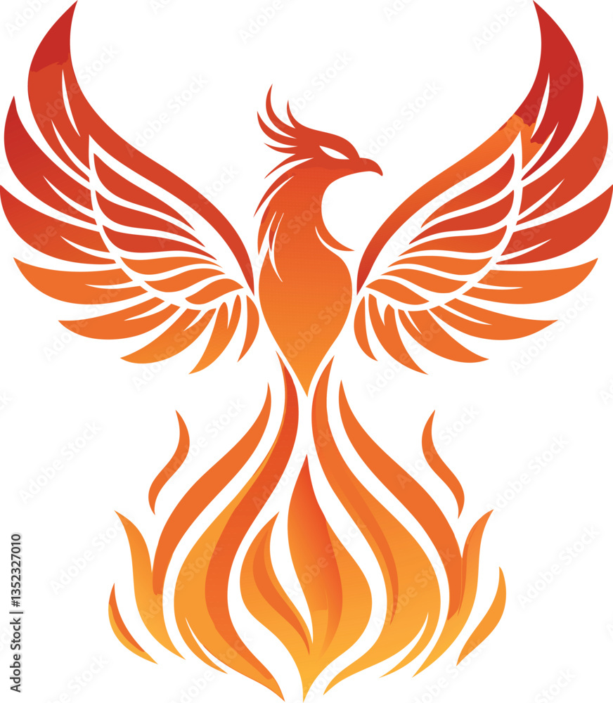 Fototapeta premium Modern Minimalist Phoenix Rising Elegant Symmetrical Firebird with Flowing Flames