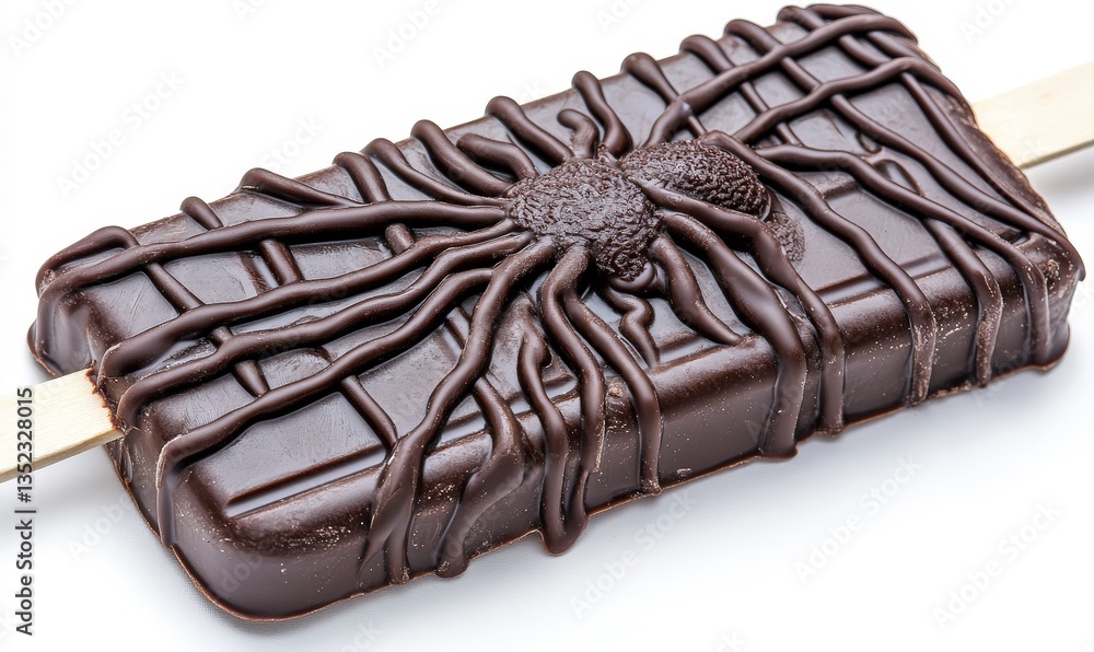 Obraz premium Delicious Chocolate Ice Cream Bar with Chocolate Drizzle and Wooden Stick on White Background Perfect for Dessert or Sweet Treat Promotions