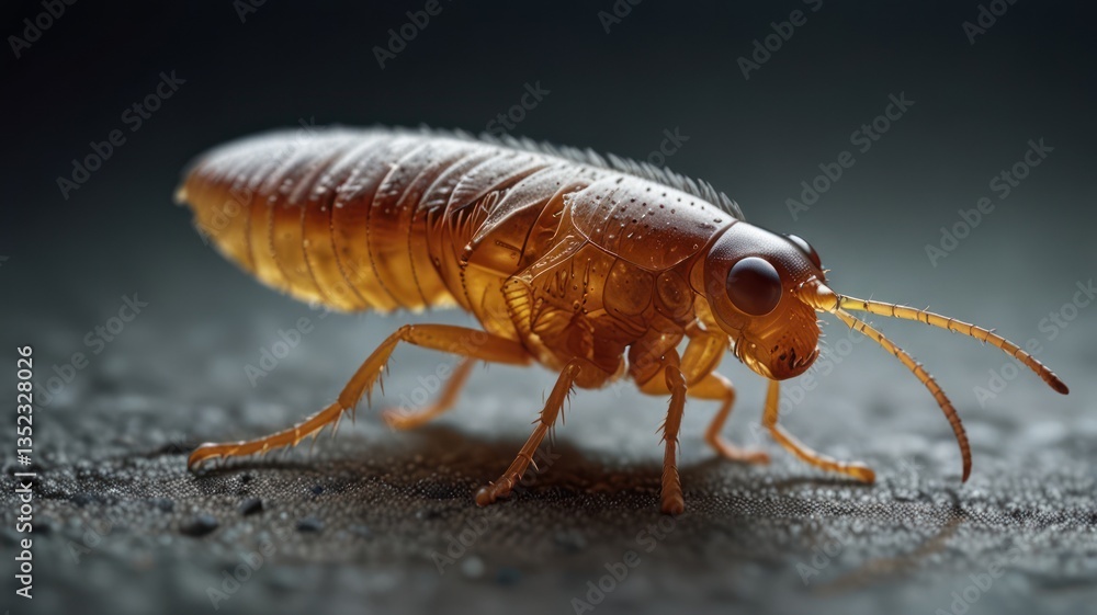 A brown insect is resting on dark ground, detailed legs and eyes are visible A brown insect is resting on dark ground, detailed legs and eyes are visible
