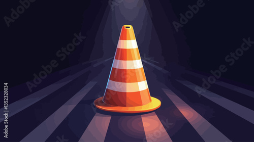 Digital illustration of a single orange and white striped traffic cone positioned centrally on a dark surface with wide, parallel white stripes. The cone is brightly lit from above by a spotlight,