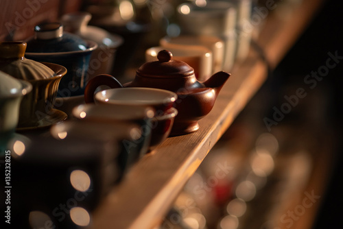 A lot of different dishes for chinese tea drinking. Traditional asian clay teapot at the shelf