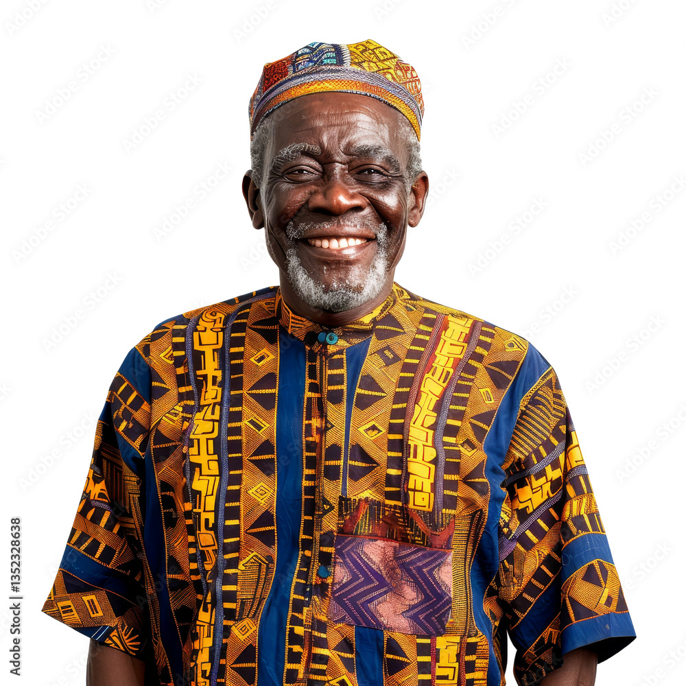 Obraz premium Elderly Man with African Fabric Shirt Smiling Happily Against a Clean Background