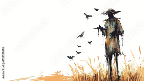 Watercolor painting depicting a scarecrow standing in a field of wheat. The scarecrow is rendered with loose brushstrokes, showing signs of wear and tear. Several birds are depicted in flight
