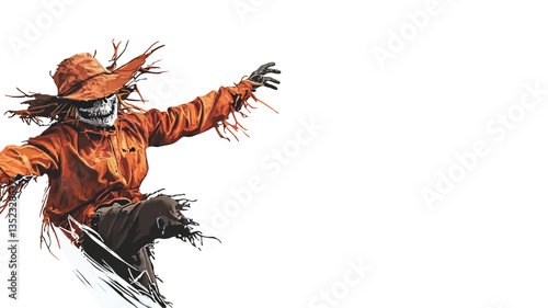 Digital painting or illustration of a scarecrow in mid-leap against a stark white background. The scarecrow is predominantly orange and brown, with a wide-brimmed hat and tattered clothing.  The