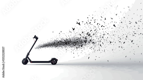The image depicts a black silhouette of an electric scooter against a white background.  The scooter appears to be disintegrating, with small black particles emanating from it, creating a