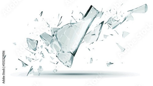 The image shows a high-resolution, digitally rendered illustration of shattered glass fragments against a white background.  The pieces are various sizes and shapes, displaying a sense of motion