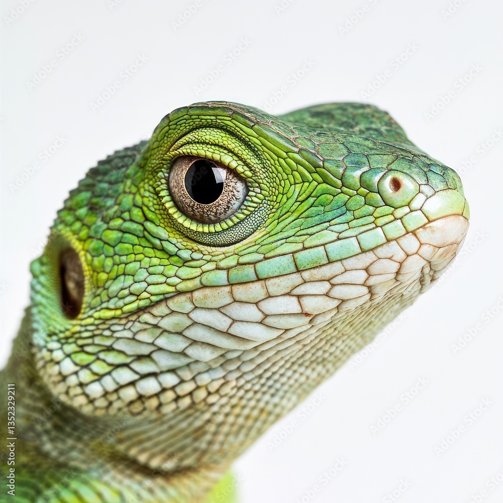 Fototapeta premium Green lizard portrait, studio shot, white background, reptile close-up, wildlife photography