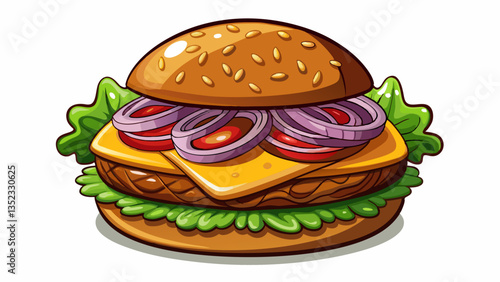 a Suya Burger. pretzel bun, thin grilled sirloin suya steak slice, topped with american cheese, lettuce, fresh uncooked slice of onion, fresh uncooked tomato slice. Shot against a plain white backgrou