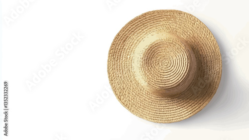 A high-angle, close-up shot of a light beige straw hat against a plain white background. The hat is round with a slightly indented crown, showcasing a woven texture. The image is well-lit, creating