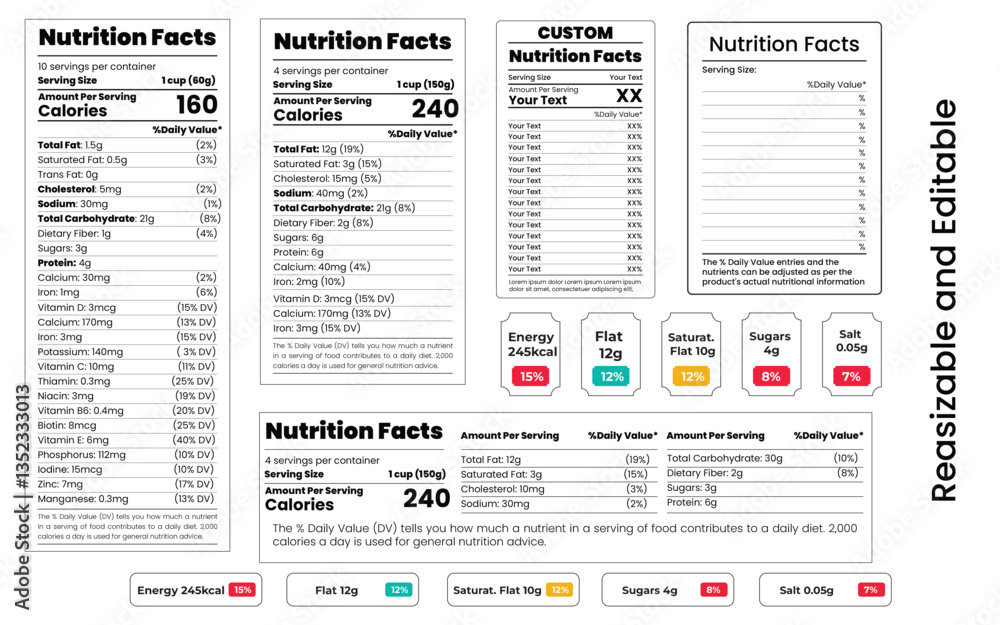 Nutrition Facts Labels, Various Formats, Editable Templates for Food Products, Health Data Nutrition Facts Labels, Various Formats, Editable Templates for Food Products, Health Data