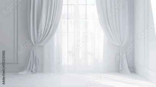 The image shows a window with white sheer curtains and heavy white drapes pulled back on either side.  The curtains are softly draped, allowing natural light to filter through.  The room is bright,