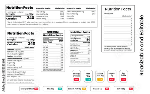 Various Nutrition Facts Labels and Informational Boxes on White Background, Editable