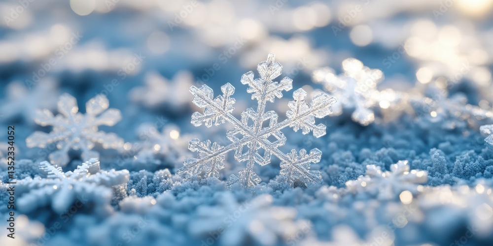 Detailed close up image of several crystalline snowflakes on ice Detailed close up image of several crystalline snowflakes on ice